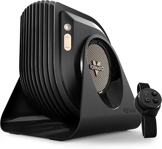 Vornado FLY MAX High Velocity Floor Fan, 4 Speed Settings, 180 Adjustable Tilt, Remote Control, 2300 FPM, Powerful Airflow, Fitness Cooling for Gym, Workout, and Training, Black