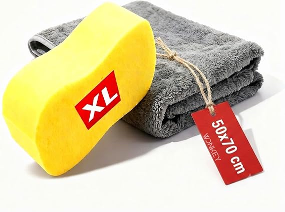 WONKEY - Car Wash Sponge and Car Drying Towel, Microfiber Car Wash Russian Cloth and Sponge (Pack of 2)
