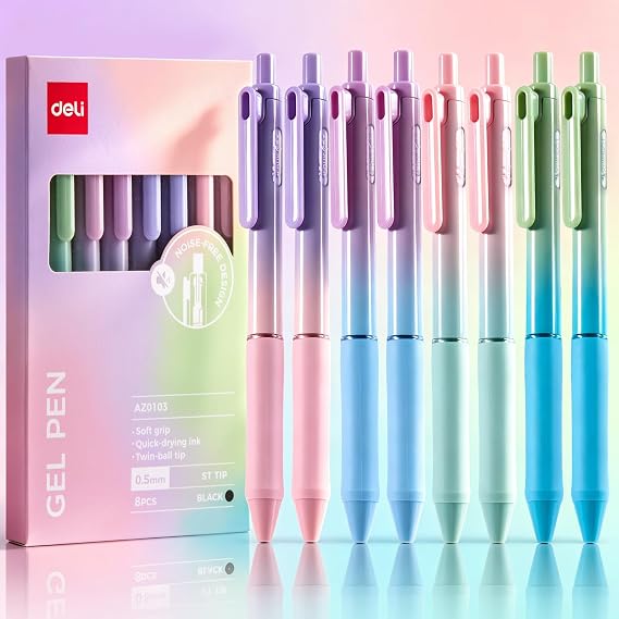 deli Gel Pens, 8 Pcs Retractable 0.5mm Fine Point Black Ink Pens