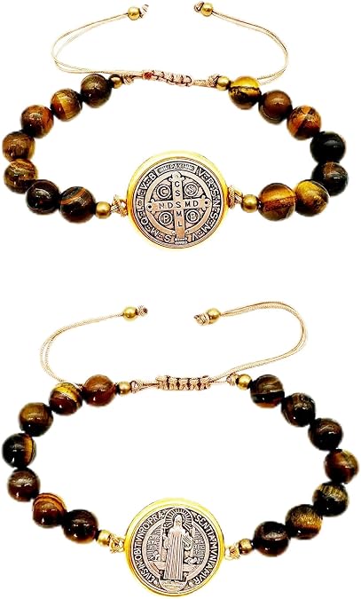 2Pcs San Benito Bracelet Tigher Eye Bracelet Saint Benedict Medal Catholic San Benito Medalla