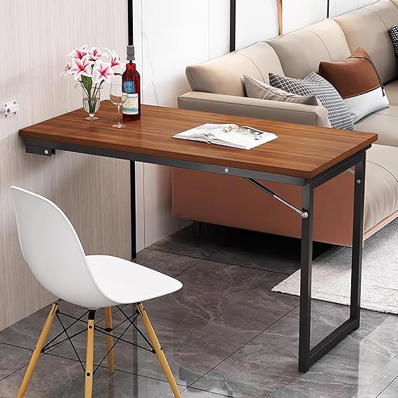Wall Mounted Dining Table,Solid Wood Wall Folding Table Kitchen Table for Small Spaces,Foldable Wall Table Bar Table Retractable Floating Desk Fold Up Table Desk(35.4"x19.7"x29.5", Brown)