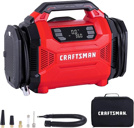 CRAFTSMAN Dual Power Tire Inflator with Digital Gauge & Auto Shut-Off | 12V DC Car Plug and 120V AC Home Use with Up to 150 PSI, LED Light, Portable Air Pump for Car Tires, Bikes and Inflatables
