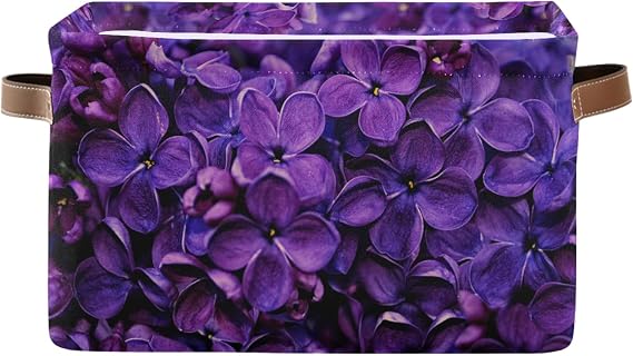 Spring Lilac Purple Floral Large Storage Basket, Foldable Storage Basket, Waterproof Coating Storage Box with Handle Storage Bag, for Home & Office, 1PCS