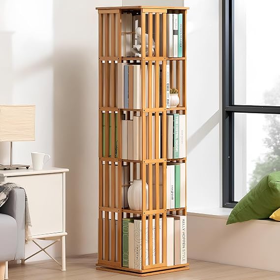 Rotating Bookshelf, 360 Rotating Bookshelf, Revolving Bookshelf Tower, Bamboo Bookshelf Floor Standing Storage Rack, for Living Room, Study Room, Office
