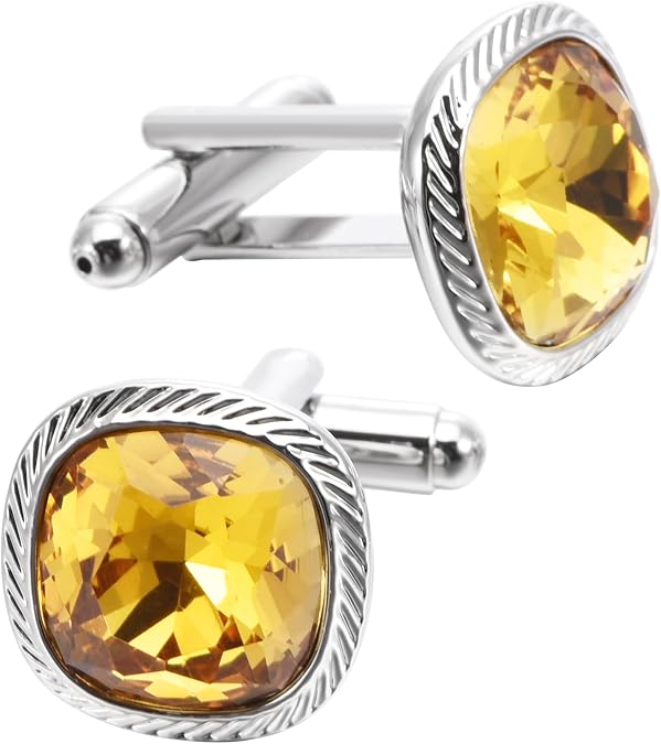 Yellow Zircon Gemstone Cufflinks for Men Lady In Gift Case Silver