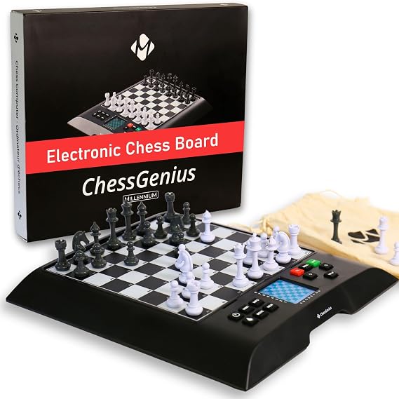 Millennium ChessGenius Electronic Chess Board M810 Play Against Built-in AI, Adjustable Difficulty Levels, Magnetic Pieces, Portable Chess Computer for All Skill Levels | 2050 ELO ChessGenius engine, 2024 speed upgrade, magnetic pieces, backlit LCD hints and tutorials, no app or subscription