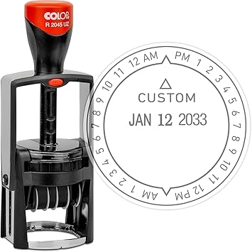 MaxMark - Professional Heavy Duty Self-Inking 12 Hour Time and Date Stamp with Custom Text Message Black Ink