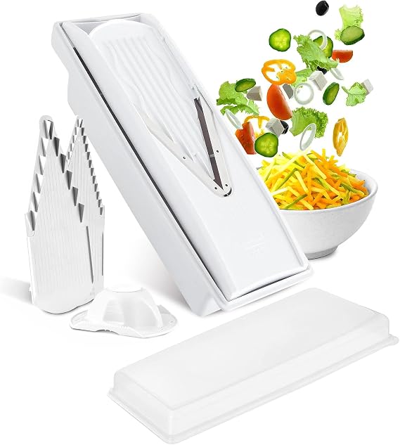Swissmar V-PrepTM Mandoline Slicer Versatile Kitchen Slicer for Julienne, Shred, Cube & Slice Includes Multi-Function Bowl & Safety Holder Essential Kitchen Gadget White