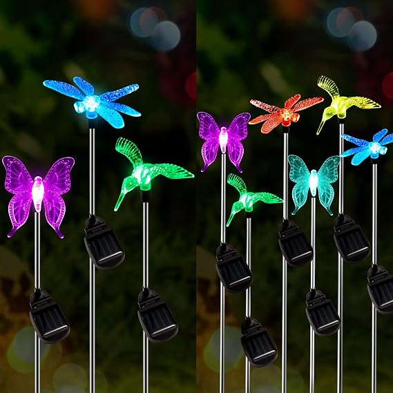 OxyLED Solar Garden Stake Lights 9 Pack Outdoor LED Figurine Lighting Color Changing Waterproof Solar Hummingbird Lights Butterfly Dragonfly for Patio Yard Pathway