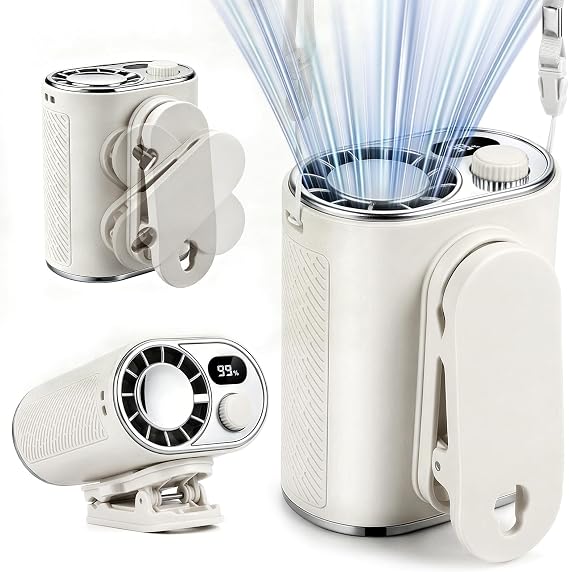 WHATOOK Waist Clip on Fan: 4000mAh Battery 15 Hours, 10m/s Cool Wind, Portable Rechargeable Wearable Personal Body Cooling Neck Fan, Handheld Cooler for Camping Travel Essentials (Ivory White)