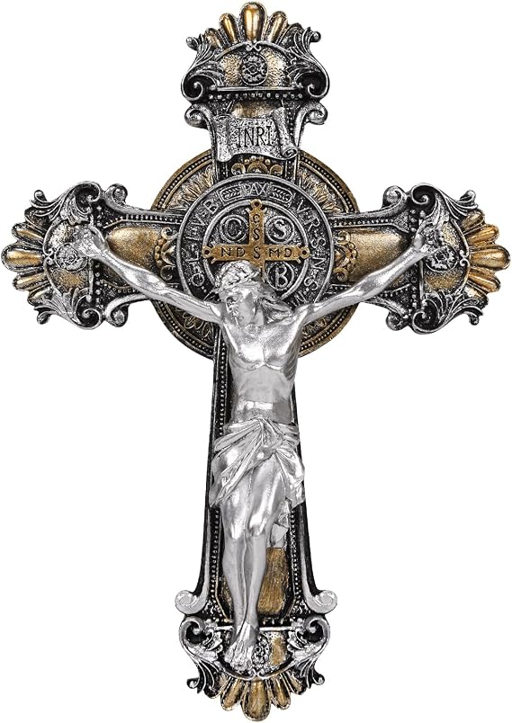 Saint St Benedict Crucifix Medal 2 Tone Wall 10 1/4 Inches, St Benedict Medals Crucifix Wall Cross Large, Hanging Catholic Jesus Christ Cross Wall Decor Religious Gifts, Cruz Del Medalla De San Benito