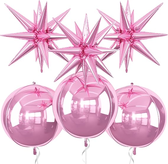 6Pcs Pink Foil Balloons,22Inch Metallic Pink 4D Round Ball Balloon and
