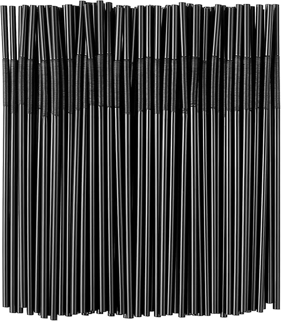 SONGNASS 100PCS Black Flexible Plastic Straws,Black Disposable Bendy Party Fancy Straws13inch Extra Long Straws Party Decorations