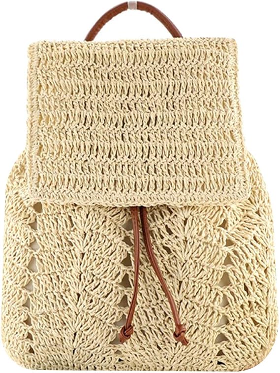 Monique Women Medium Paper Straw Handmade Woven Backpack Flap Drawstring Shoulders Bag Beach Daypack