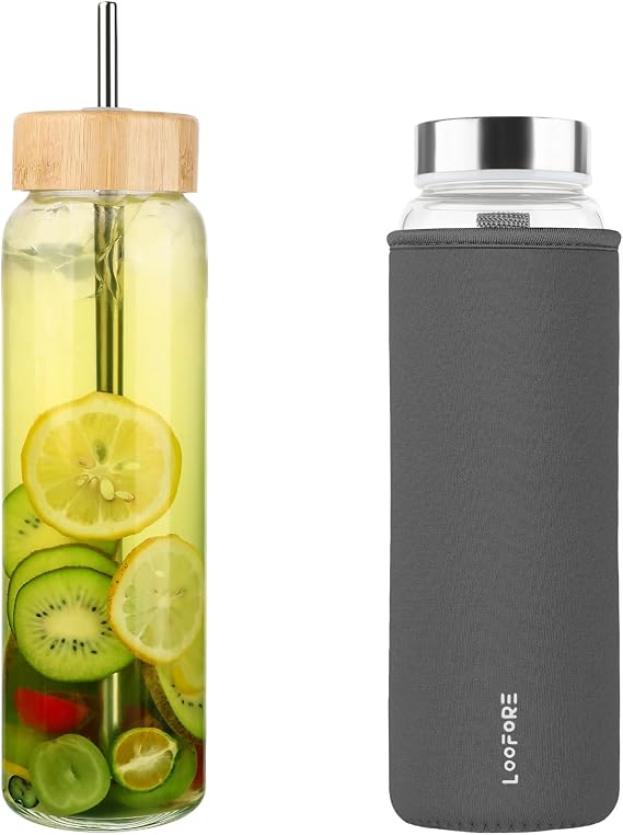 Glass Water Bottle 1000ml 1L with 2 Lids and Straw