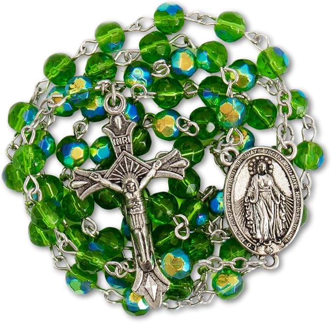 Nazareth Store Green Crystallized Glass Beads Rosary Necklace Medal & Cross Crucifix Handmade Christian Holy Rosary for Men and Women