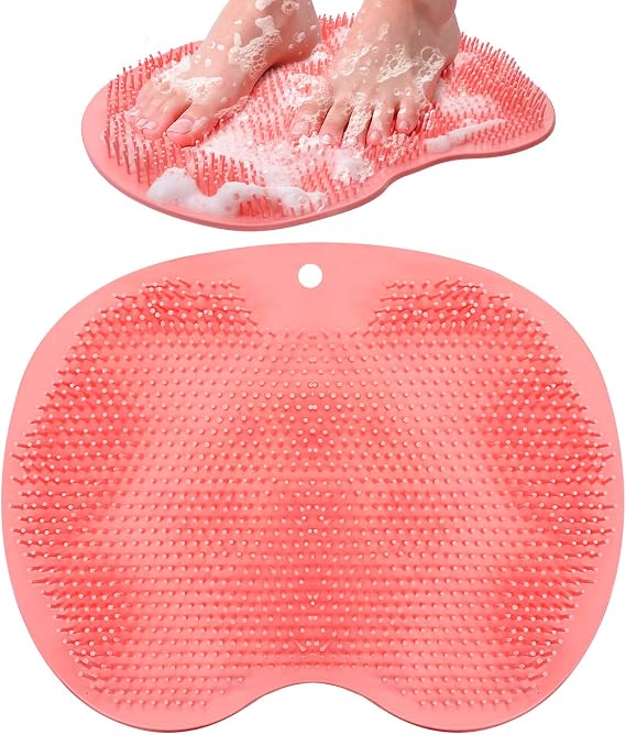 Foot Shower Scrubber,Silicone Shower Feet Scrubber Mat,with Non-Slip Suction Cups,Exfoliating Bath Wash Pad,Foot and Back Scrubbers for Showers Floor, Pink
