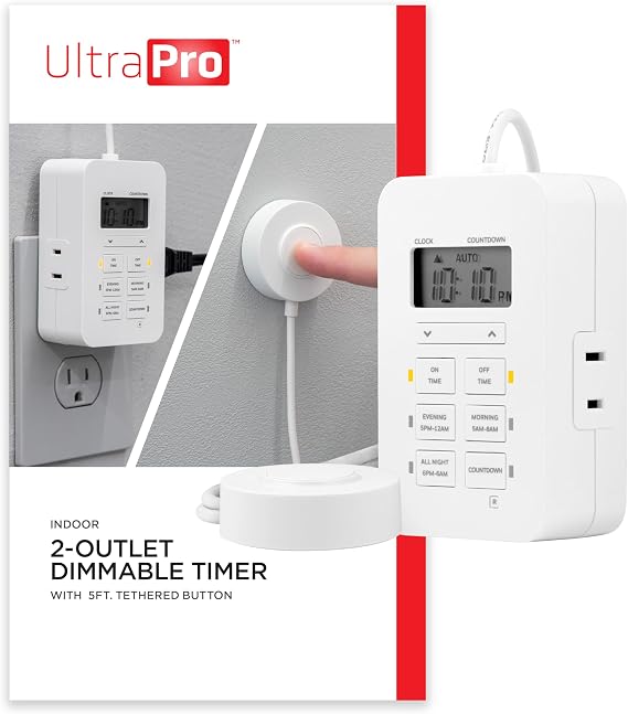 UltraPro Dimmable Digital Outlet Timer with dual polarized sockets, 5ft tether, indoor use, programmable scheduling, countdown function, lamp control, plug-in design, white, single pack, model 50016