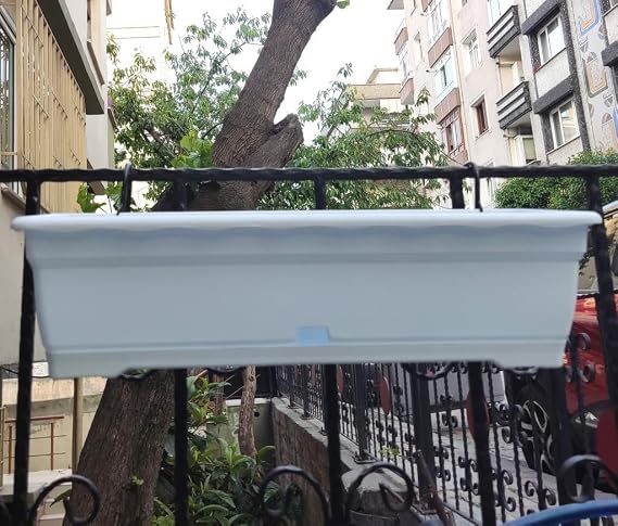 51cm Beyaz Balkon Saksısı+Demir Taşıma Saksı Askılarıyla Tam Set Küpeşteye Monte Dekoratif Çiçeklik