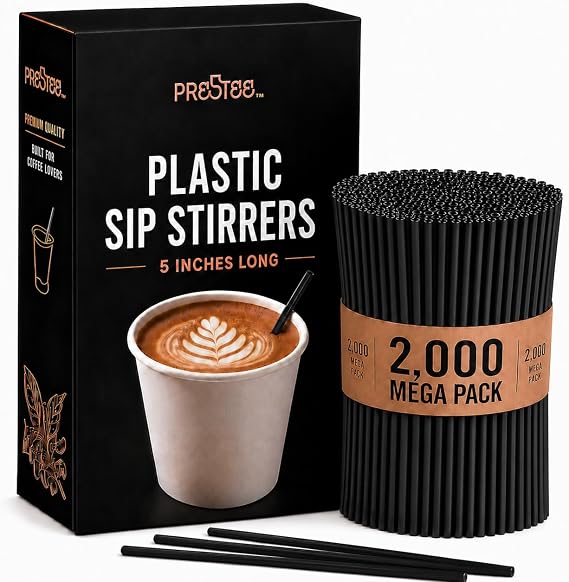 Prestee Plastic Coffee Stirrers, 2000ct, 5" - Plastic Straws, Drinks and Coffee Stir Sticks, Cocktail Swizzle Sticks, Disposable Stir Stick, Drinking Straws for Cocktails (Black)