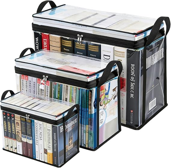 3 Pack Book Storage Box, Heavy Duty Storage Boxes with Lids for Books Transparent Book Storage Organizer Foldable Storage Boxes for Books Sturdy Book Box for Home, Office, Kids Book Storage (Black)