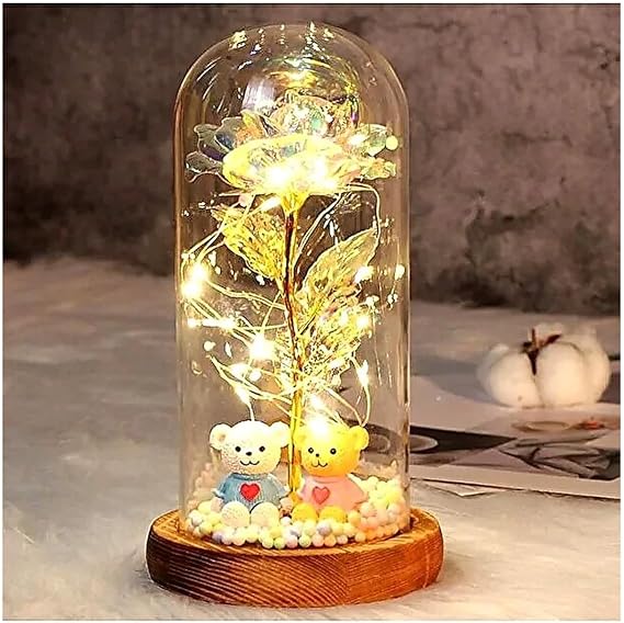 LED Işıklı Güllü Cam Fanus Ayıcık Figürlü Dekoratif Hediye Gece Lambası [Enerji Sınıfı A]
