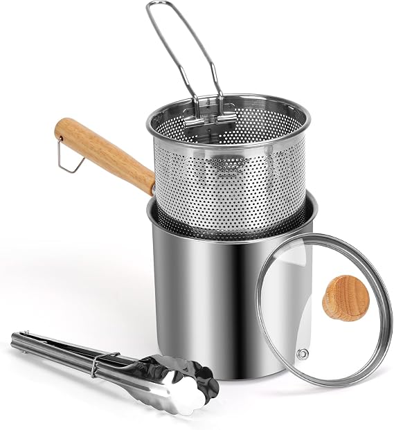 Mini Deep Fryer Pot with Basket, Small Fryer and Soup Pot with Tongs and Lid for 1-2 People, Works on Gas or Induction Burner, Dishwasher Safe, 1.3-Quart