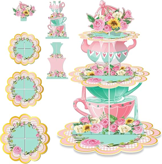 3Tier Cupcake Stand Holder, Floral Tea Party Decorations Dessert Cupcake Tower Afternoon Tea Stand, Cake Stand for Party Princess Princess Birthday Flower Theme Wedding Party, Tea Party Decor.