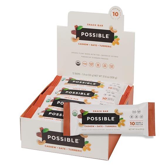 POSSIBLE Snack Bar, Cashew Date Turmeric, 12 Count (Pack of 1) | Whole Food Snack to Support a Healthy and Active Lifestyle, 10g of Organic Plant-Based Protein