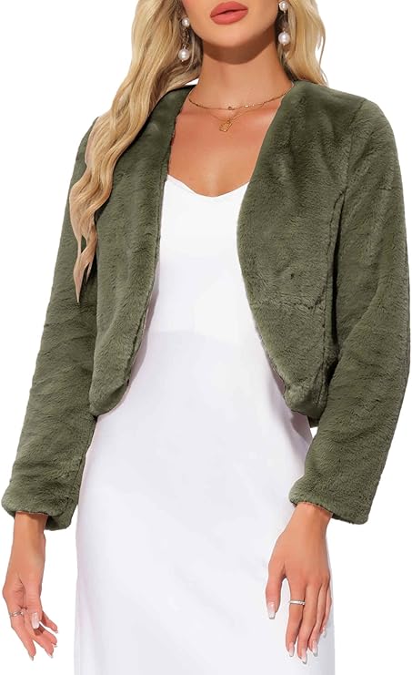 Allegra K Cropped Jacket for Women's Faux Fur with Pockets Long Sleeve Open Front Wedding Bolero Gowns Coat