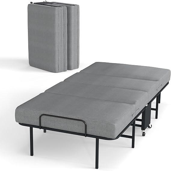 Fabulis Folding Beds with Mattress, Portable Foldable Bed for Adults, Roll Away Bed Guest on Wheels, Memory Foam Mattress and Metal Frame, Space Saving Fold