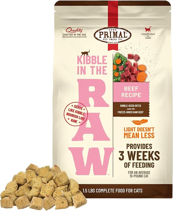 Primal Kibble in The Raw, Freeze-Dried Cat Food, Beef, 1.5 lb | Whole Food Nutrition, Scoop & Serve, Made with Raw Protein, No Synthetic Vitamins or Minerals, Crafted in the USA