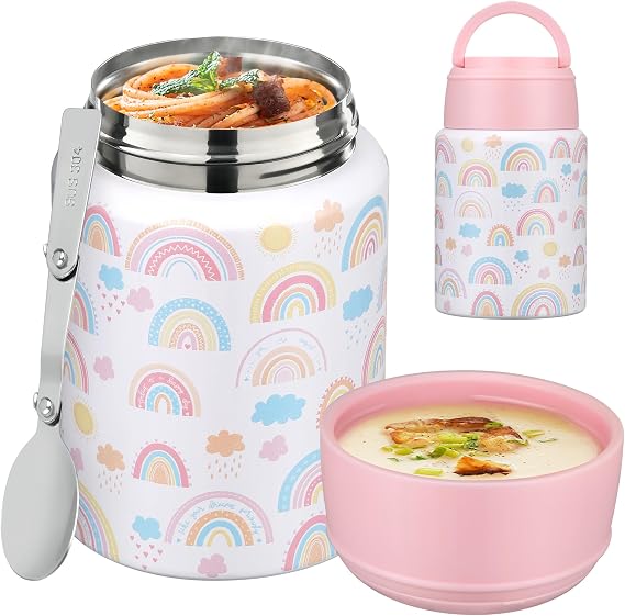 16oz Insulated Food Jar with Spoon, Stainless Steel, White Rainbow