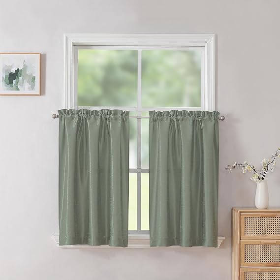 Chyhomenyc Uptown 2PCS Sage Green Tier Curtains 24 inch Length, Faux Silk Room Darkening Soft Lightweight Short Cafe Curtains for Kitchen Bathroom Bedroom Small Windows, Each 30Wx24L inch