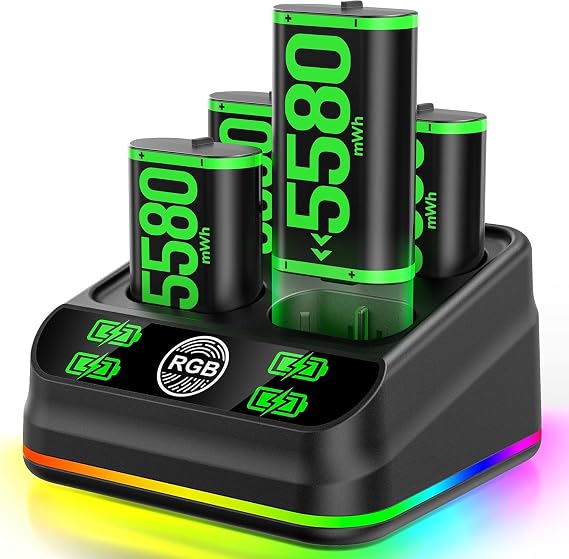 Rysker Charger with 4 x 5580mWh Rechargeable Battery Pack for X Box One X|S/Series X|S Controller, Rechargeable Batteries Charger Station for X Box One Accessories Cases & Storage