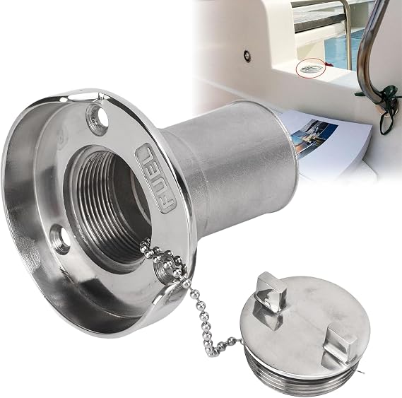 Boat Gas Cap,1-1/2"(38mm) Gas Tank Filler Neck with Keyless Cap, Boat Fuel Cap, Marine Mirror Polished 316 Stainless Steel Hardware for Boat Gas/Fuel/Diesel/Water/Waste Deck Fill