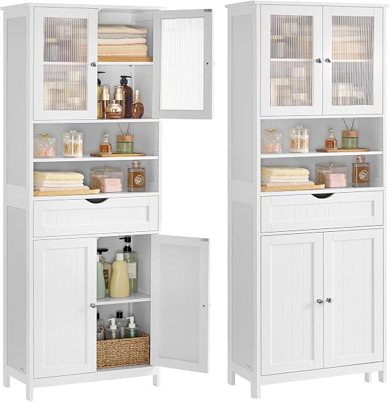VASAGLE Storage Cabinet, Freestanding Bathroom Storage Unit with Adjustable Shelves, Drawer, Open Compartments, for Bathroom, Living Room, Kitchen, Cloud White BBC768W01