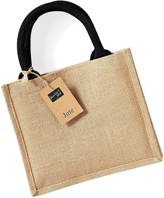 Westford Mill Mini Jute Gift Tote Bag Lunch Present Tote Craft WM412 (Natural/Black)