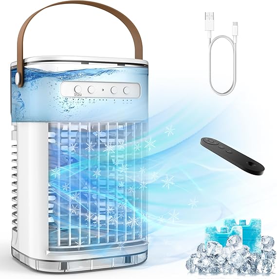 Mini Air Conditioner, Portable Air Conditioners AC w/Remote, USB Charging, 1.2L Water Tank & 2 Ice Boxes, Auto-off Timer, Evaporative Air Cooler With 3Speeds, Desktop Personal Fan For HomeOutdoors