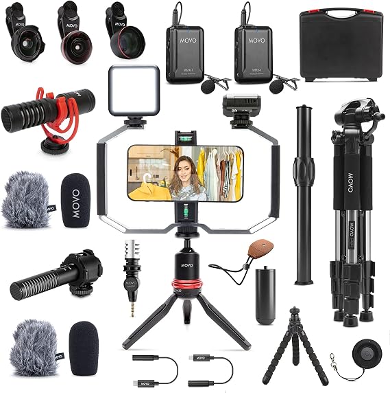 Movo iVlog5 Directors Vlogging Kit for iPhone - Lightning Compatible YouTube Starter Kit - Accessories: Tripod, Phone Stand, Lens, Mics, Light Vlog Kit - Kids Youtuber Starter iPhone Vlogging Kit