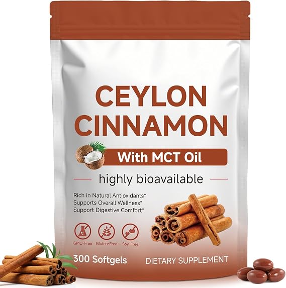 Ceylon Cinnamon Softgels with MCT Oil Herbal Cinnamon Supplements for Metabolism Support & Digestive Comfort Non-GMO & Gluten Free 300 Softgels