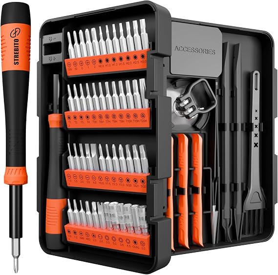 STREBITO Mini Screwdriver with Torx,Triwing,Pentalobe Bits 64Pcs Repair kit | Multi Precision bit Screwdriver Set for Electronics Repair,All accessories are neatly organized inside the storage box
