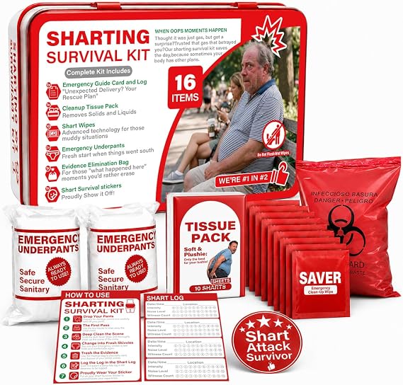 Hawkrown Sharting Survival Kit, Funny Gag Gifts for Men, 40th 50th 60th Birthday Gifts for Men Dad Husband & Boyfriend, Cool Stuff and Prank Kit,Includes Disposable Underpants, Wet Wipes, Reusable Tin