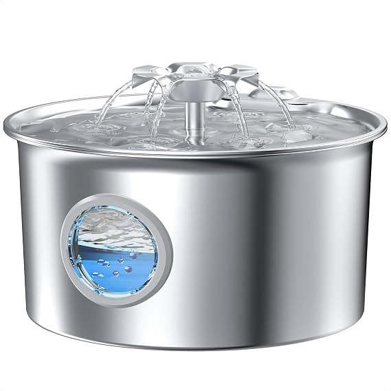 Cat Water Fountain for Drinking: Stainless Steel Cat Fountain - 2.6L Pet Water Fountain Stainless Steel - Dog Dispenser - Pet Drinking Bowl with Visible Level Window - Flower Head Spout Design