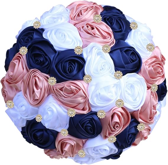 Bridal Wedding Toss Bouquet Rhinestone Brooch Round Bling Satin Rose for Bride Bridesmaid Quinceanera Artificial Flowers White Dusty Pink Navy Blue 8.7Inch