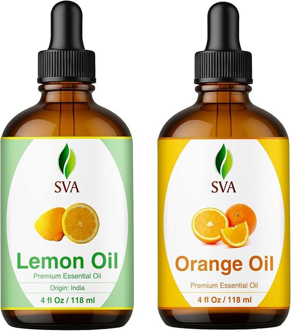 SVA Lemon and Orange Essential Oil 4oz Bundle Super Saver Combo Premium Grade Bundle Set for Hair Oiling, Scalp Massage, Hair Care, Face, Skin Care and Body Massage
