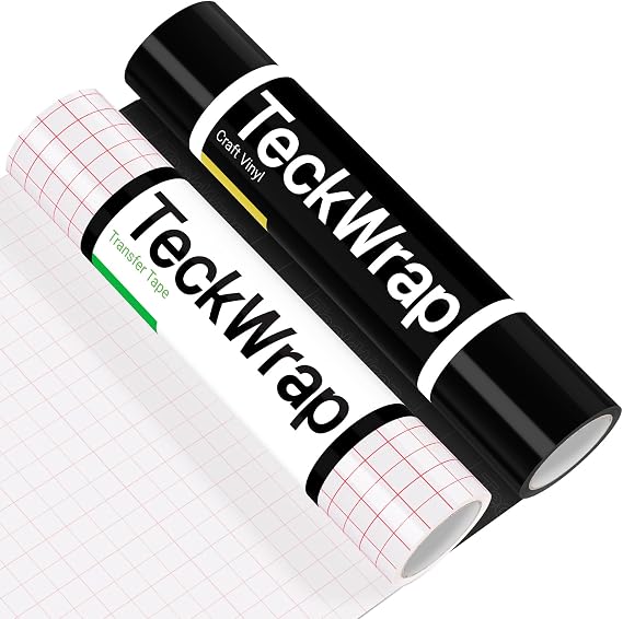 TECKWRAP Glossy Black Permanent Vinyl & Transfer Tape for Vinyl-12 x 10 FT w/Red Alignment Grid Transfer Paper, Medium Tack Transfer Tape Black Vinyl Bundle for Decals, Signs Stickers,Home Decor