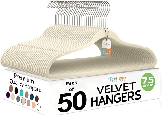 Techzoo 50 Pack New Premium Quality Velvet Hangers Ultra Thin Non Slip Adult Felt Space Saving Hangers for Closet Heavy Duty Coat Pants Jackets Dress Hangers 360 Swivel Hook Hold Upto 10 lbs Ivory