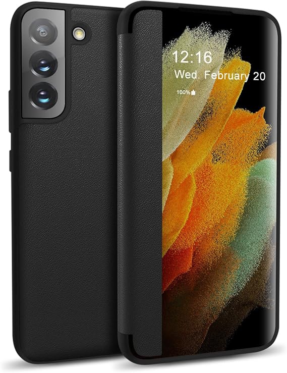ZUSLAB Flip Case Compatible with Samsung Galaxy S22 6.1'' 2022, Fine Leather & Translucent Matte PC Folio Cover with Window View Function, Silicone Case Anti Scratch Shockproof Bumper, Black