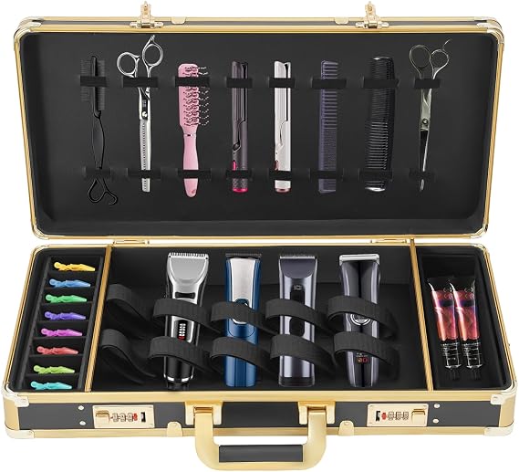 Barber Tool Travel Case Hairdresser Salon Clipper Trimmer Holder Organizer Box Tool Case with lock, Hair Styling Cutting Kit for Clipper Shears Combs Cosmetics Salon Beauty Supplies Gold
